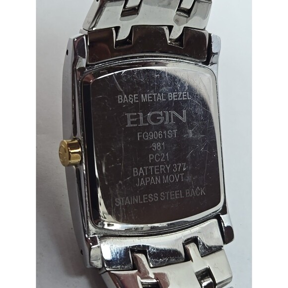 Mens Elgin Two Tone Rectangle Tank Quartz Watch Diamond Accent 33mm New Battery - Picture 11 of 11